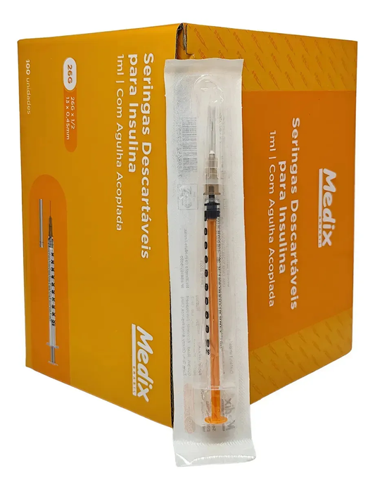 Seringa Para Insulina 26G 1/2 13X0,45 Agulha Acoplada 100 Un